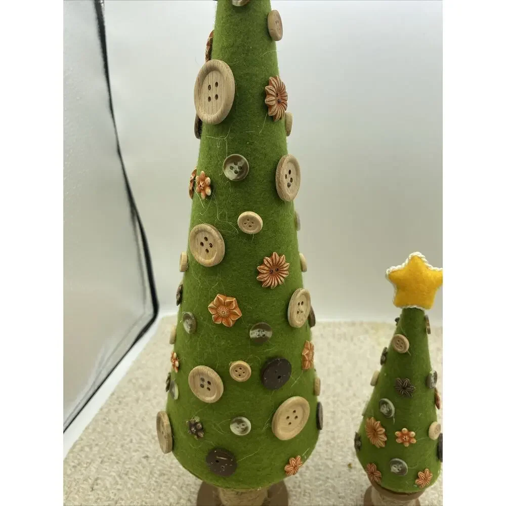 Set Of Two Crafted Button Christmas Trees. Cloth, Buttons, And Wood